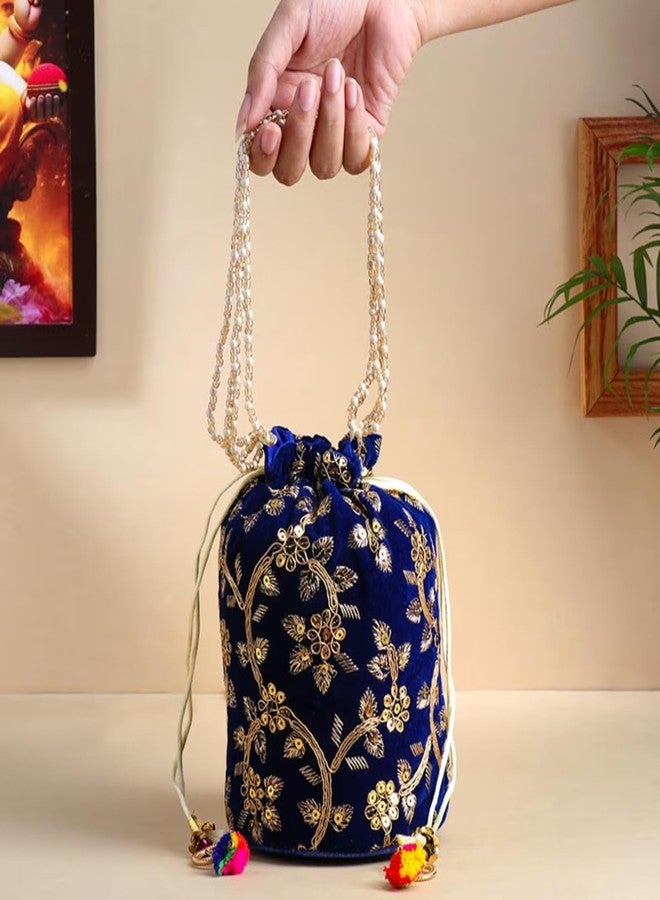 Floweraura Handcrafted Deep Blue Golden Embroidered Pearl Potli Bag for Diwali Gift, Karwa Chauth Gift & Gift for Wife, Sister, Mother, Friends, Colleagues, Girlfriend - Image 3